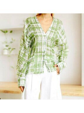 Vince Green White Abstract Print 100% Silk V-Neck Long Sleeve Blouse L Women